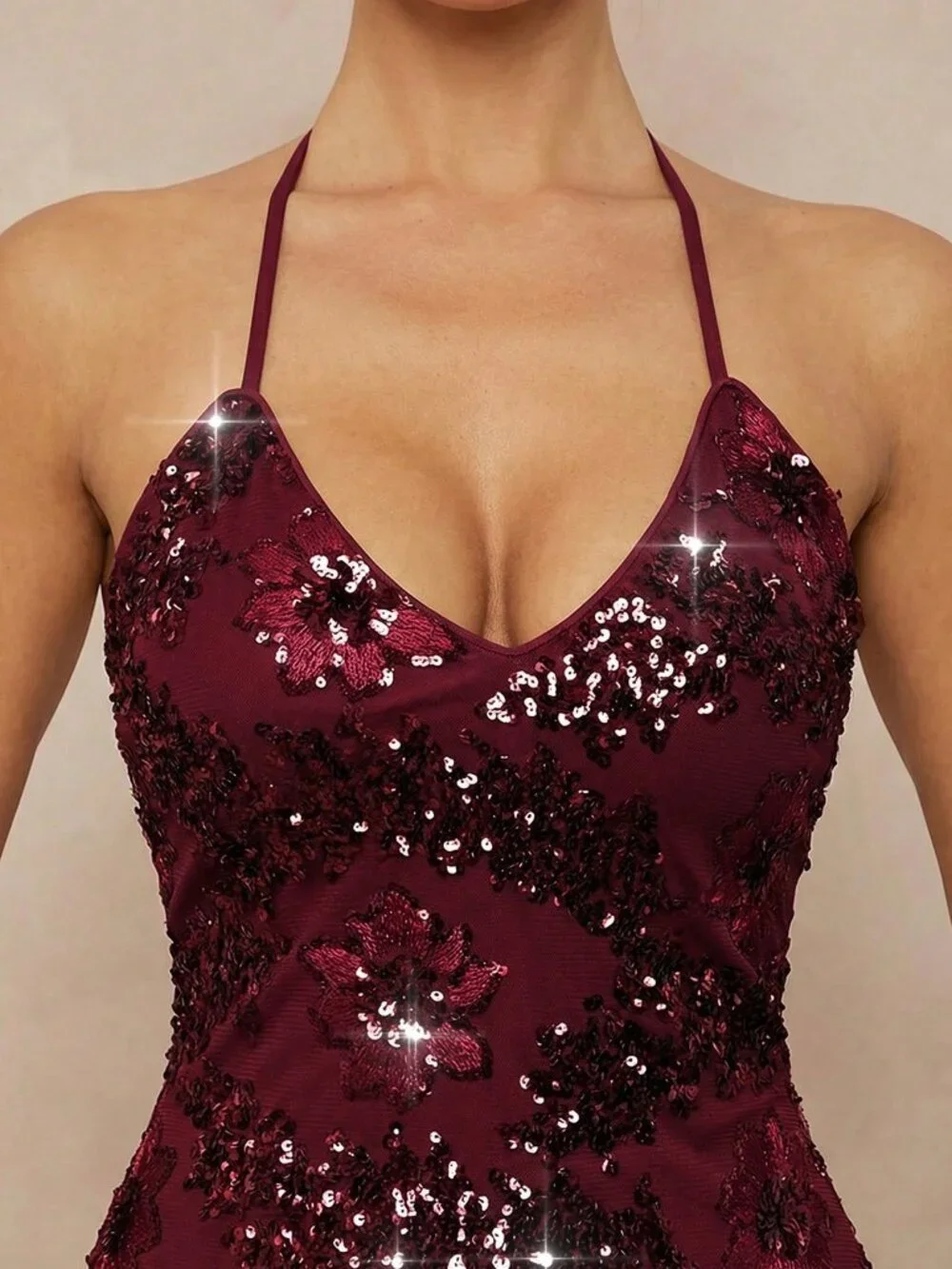 Burgundy Party Women's Backless Contrast Sequin Fringe Midi Dress